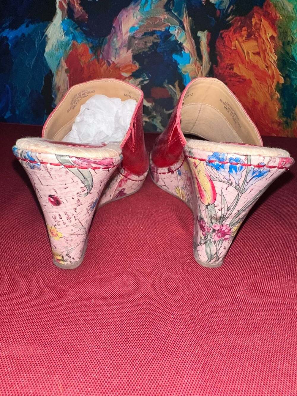 No.53 B.O.C Red Leather Floral Cork Platform Wedge Sandals - Picture 4 of 8